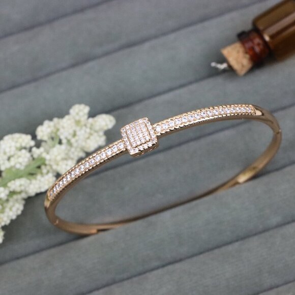 Elegant Rose Gold Bangle with Pave-Set Square Accent, XPBL0500 - Picture 1 of 12